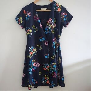 MOLLY BRACKEN | Women's Navy with Multicolor Floral  Wrap Style Mini Dress